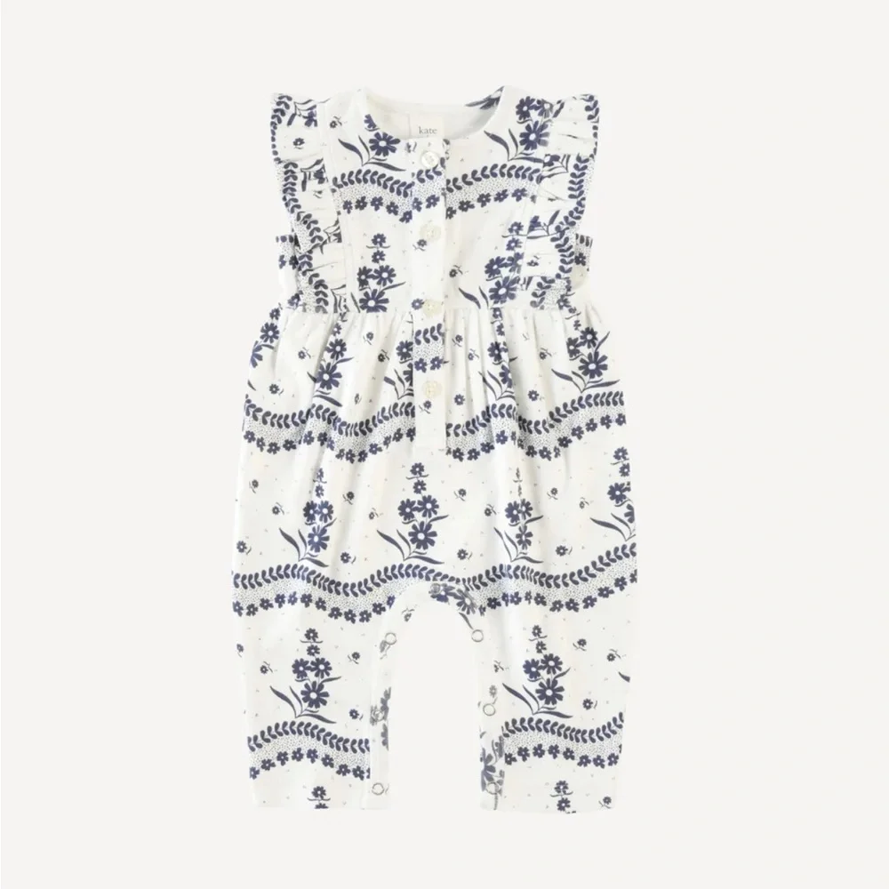 Kate Quinn SLEEVELESS RUFFLE BUTTON PINAFORE JUMPSUIT | BLUE FLORAL LACE | - Picture 1 of 1